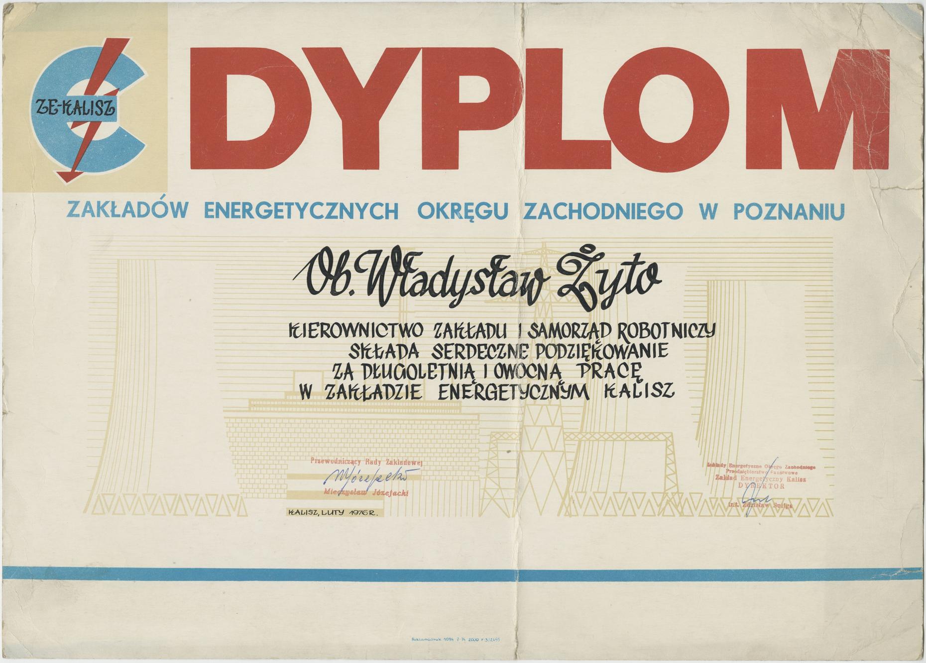 Dyplom za pracę od Zakładu Energetycznego Okręgu Zachodniego w Poznaniu