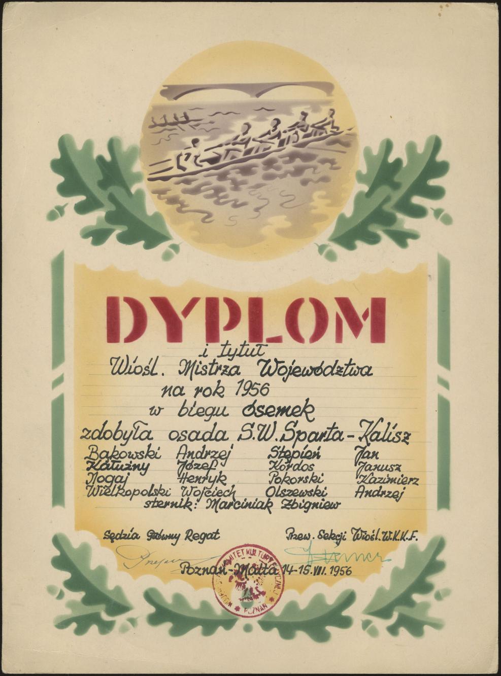 Dyplom i tytuł Wiośl. [Wioślarskiego] Mistrza Województwa na rok 1956