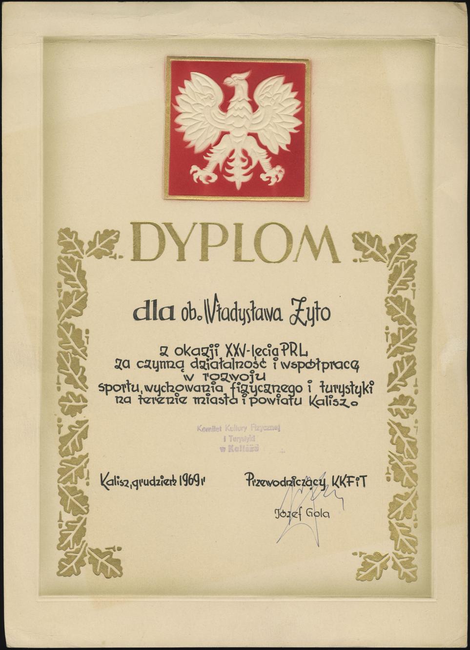Dyplom za czynną działalność na rzecz sportu