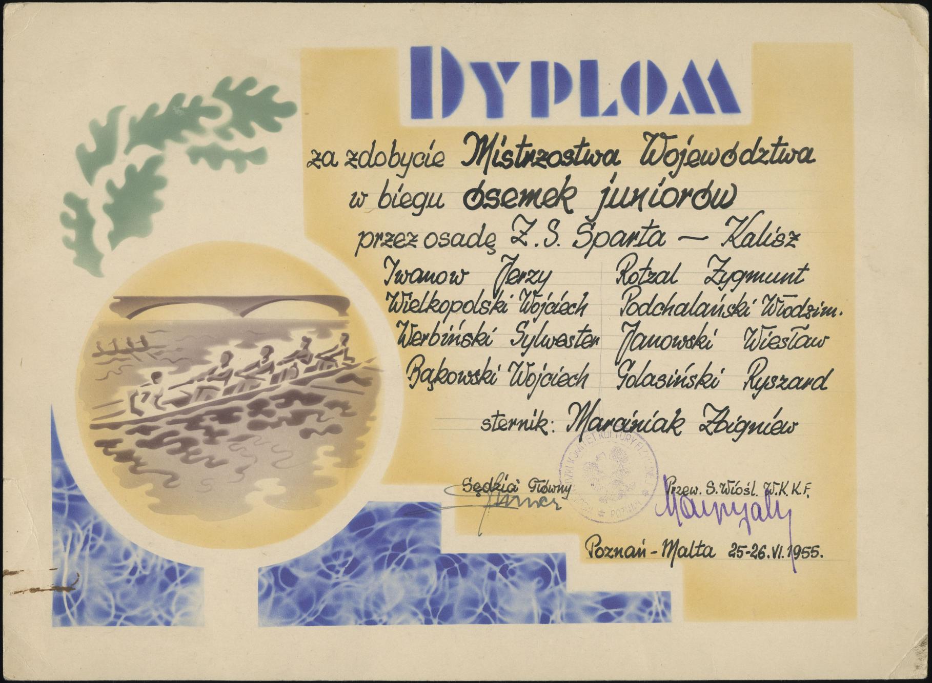 Dyplom za zdobycie Mistrzostwa Województwa w biegu ósemek juniorów przez osadę Z.S. Sparta-Kalisz