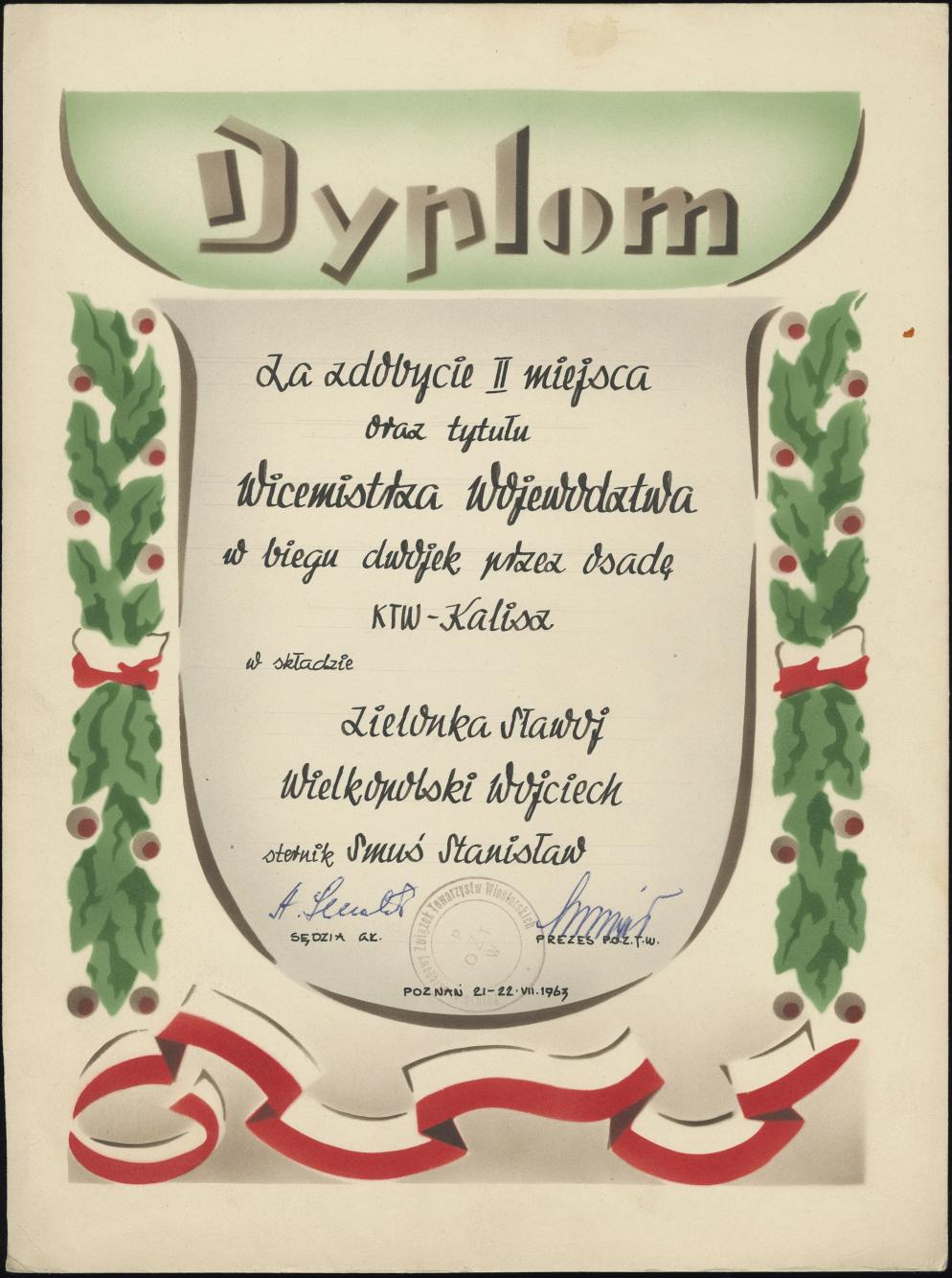 Dyplom za zdobycie II miejsca oraz tytuł Wicemistrza Województwa w biegu dwójek przez osadę KTW Kalisz