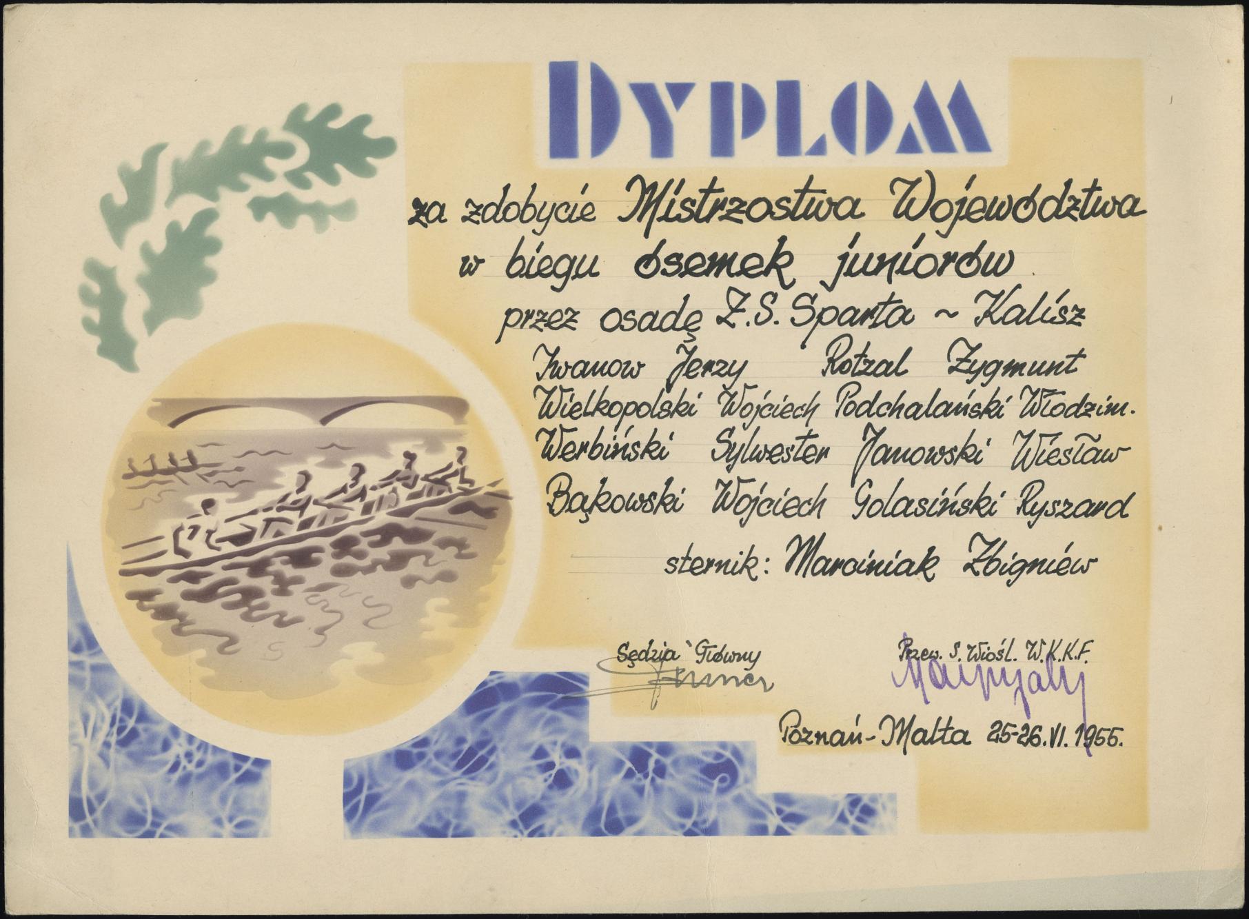 Dyplom za zdobycie Mistrzostwa Województwa w biegu ósemek juniorów przez osadę Z.S. Sparta-Kalisz