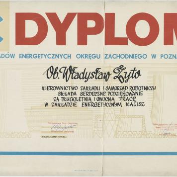 Dyplom za pracę od Zakładu Energetycznego Okręgu Zachodniego w Poznaniu