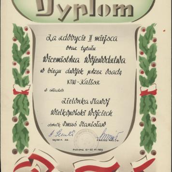 Dyplom za zdobycie II miejsca oraz tytuł Wicemistrza Województwa w biegu dwójek przez osadę KTW Kalisz