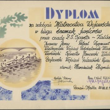 Dyplom za zdobycie Mistrzostwa Województwa w biegu ósemek juniorów przez osadę Z.S. Sparta-Kalisz