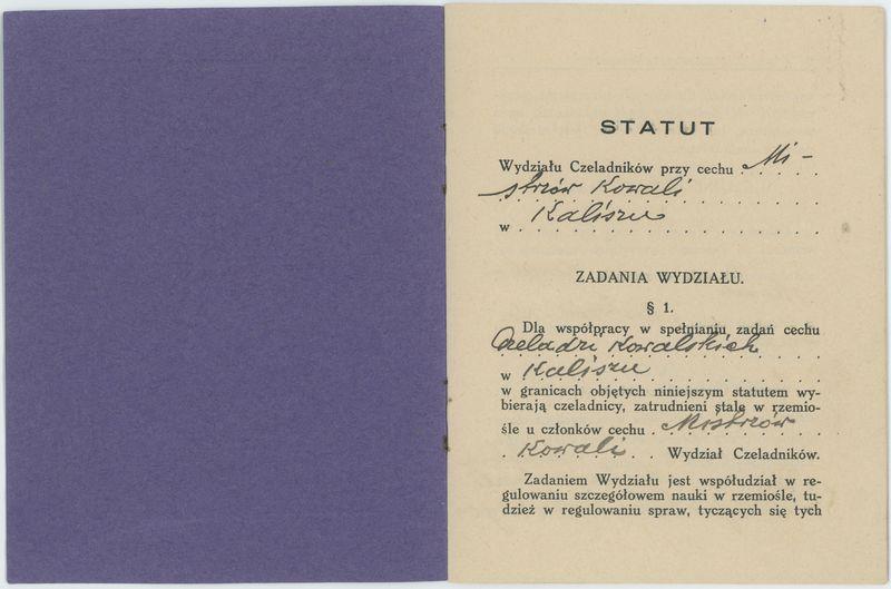 Statut Wydziału Czeladników przy cechu Mistrzów Kowali w Kaliszu
