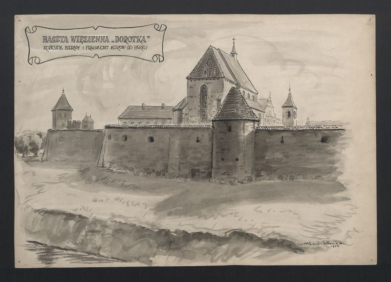 Kalisz - baszta "Dorotka", kościół farny i fragment murów od strony parku (próba rekonstrukcji)