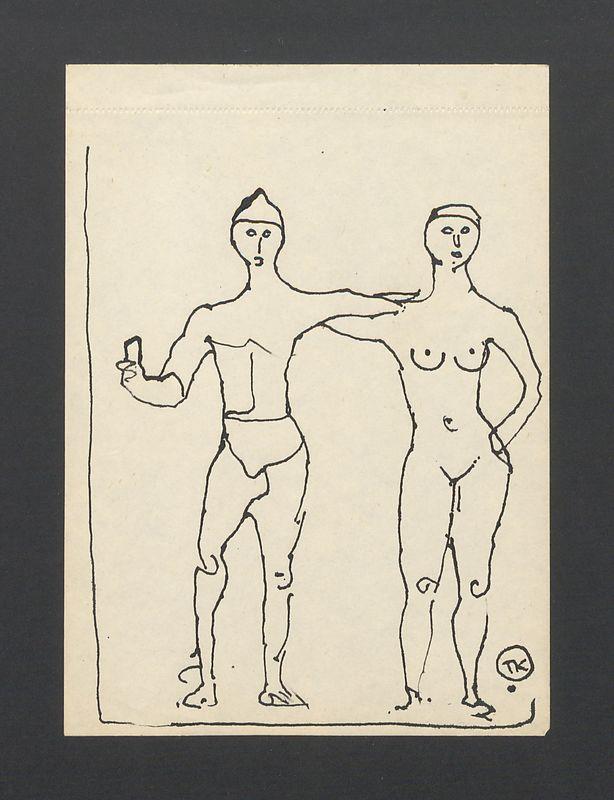 Postać ze wzniesionymi rękami, dwie postacie