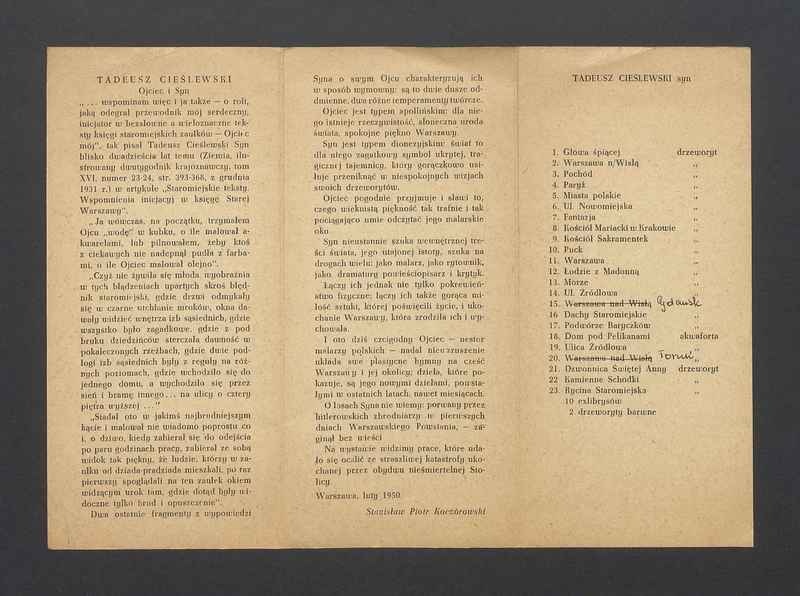 Ulotka dot. wystawy prac malarskich i graficznych T. Cieślewskiego i T. Cieślewskiego syna