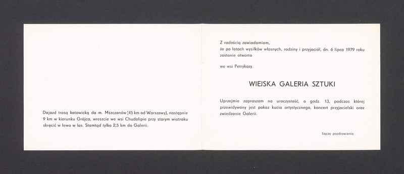 Zaproszenie na otwarcie Wiejskiej Galerii Sztuki w Petrykozach