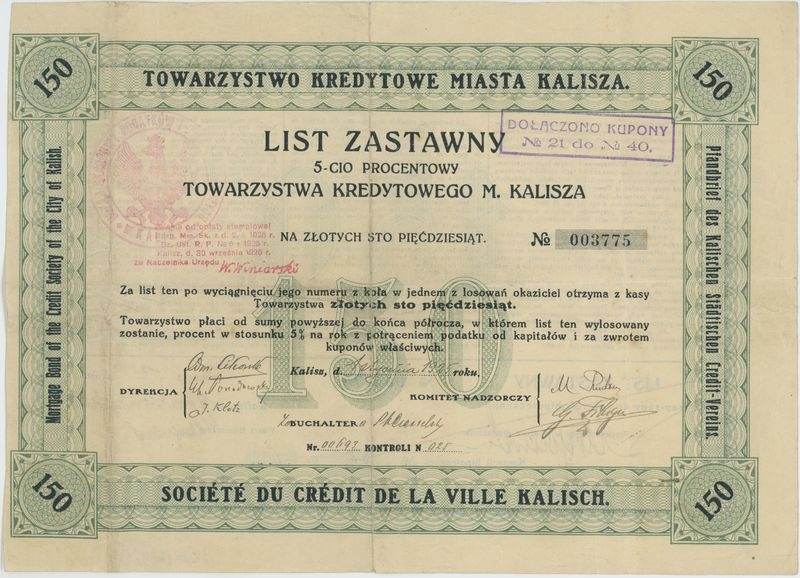 List Zastawny 5-procentowy Towarzystwa Kredytowego M. Kalisza 