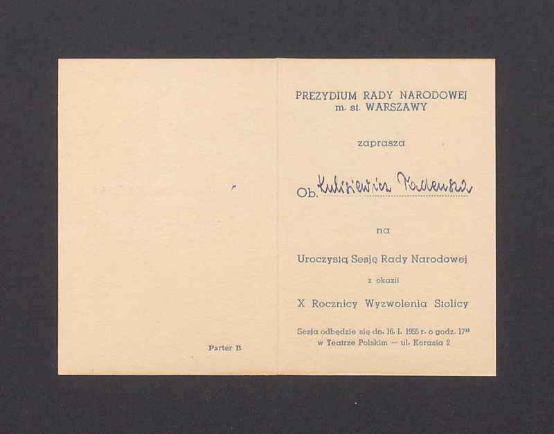 Zaproszenie na Uroczystą Sesję Rady Narodowej z okazji X Rocznicy Wyzwolenia Stolicy