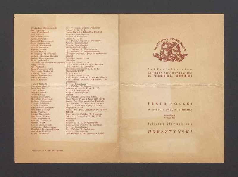 Zaproszenie do Teatru Polskiego na przedstawienie "Horsztyński"