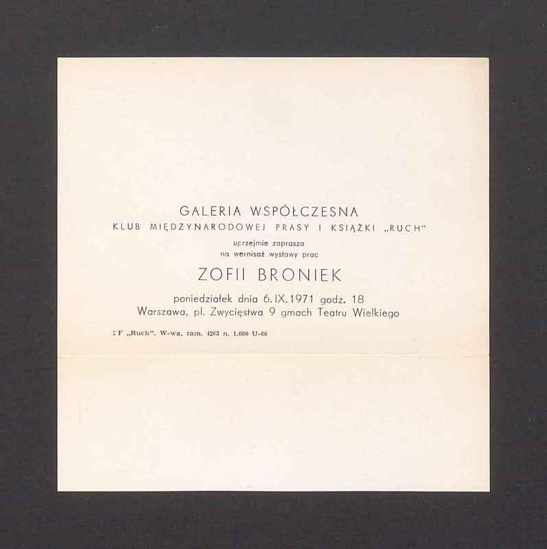 Zaproszenie na wernisaż wystawy prac Zofii Broniek