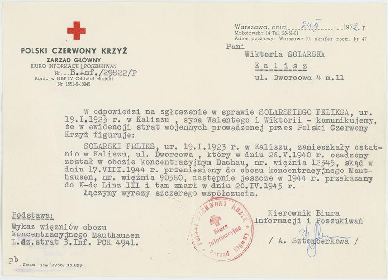 List PCK Zarząd Główny - Biuro Informacji i Poszukiwań w Warszawie do Wiktorii Solarskiej z Kalisza 