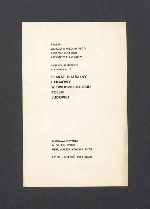Zawiadomienie o wystawie "Plakat teatralny i filmowy w dwudziestoleciu Polski Ludowej"