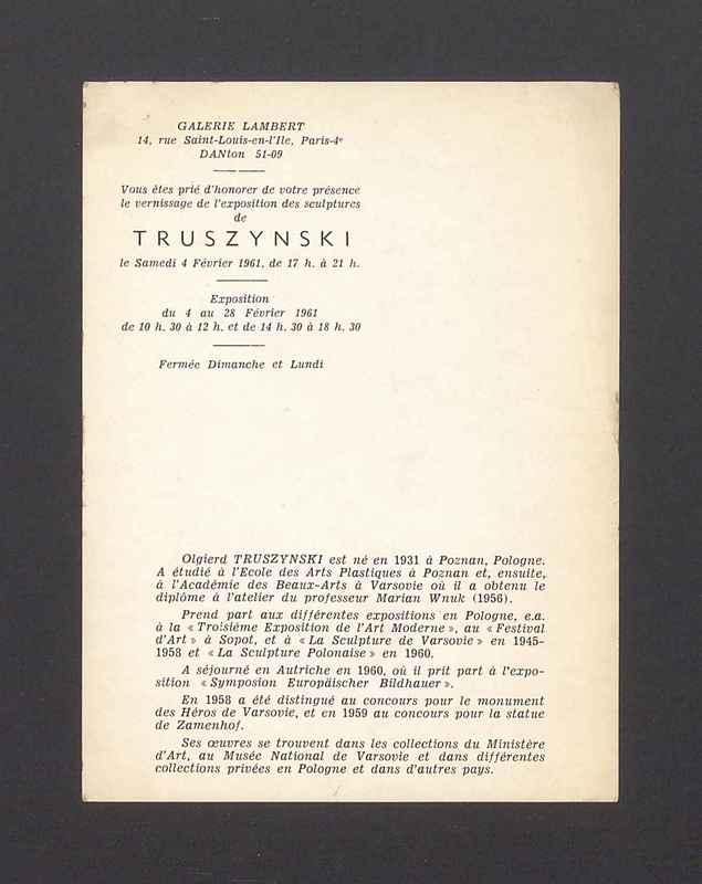 Galerie Lambert (...) presence le vernissage de l'exposition des sculptures de Truszynski