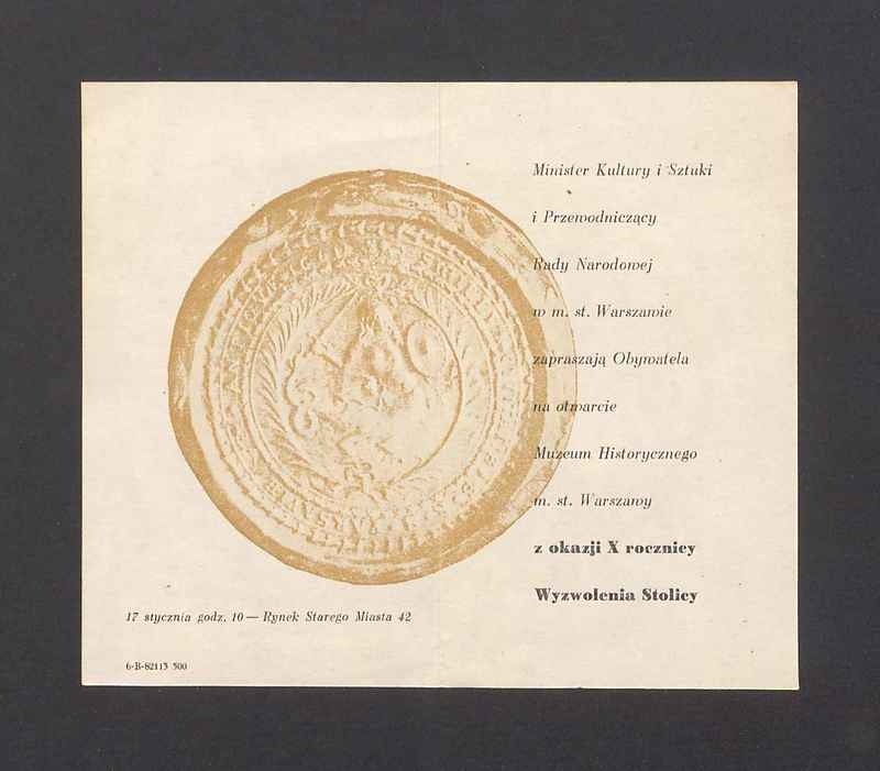 Zaproszenie na otwarcie Muzeum Historycznego m. st. Warszawy