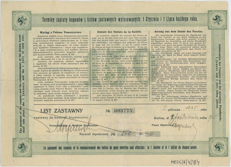 List Zastawny 5-procentowy Towarzystwa Kredytowego M. Kalisza 