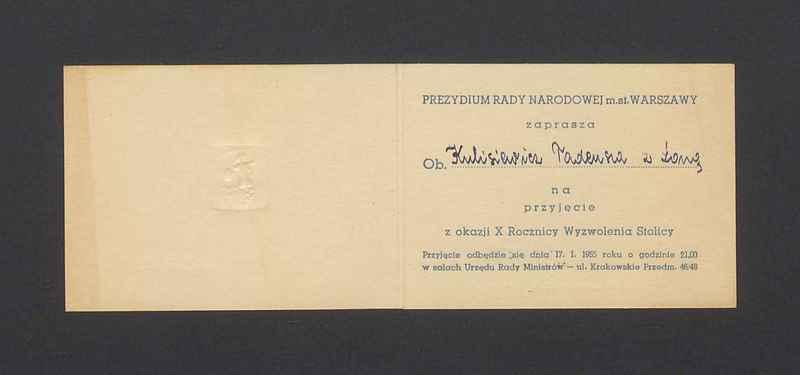Zaproszenie na przyjęcie z okazji X Rocznicy Wyzwolenia Stolicy