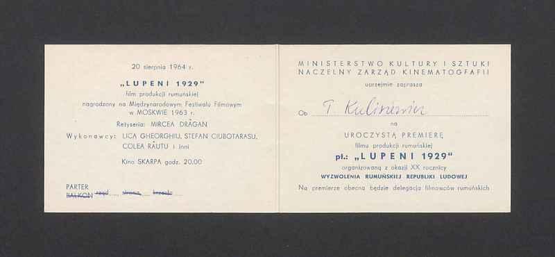 Zaproszenie na premierę filmu "Lupeni 1929"