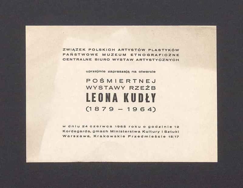 Zaproszenie na otwarcie pośmiertnej wystawy rzeźb Leona Kudły