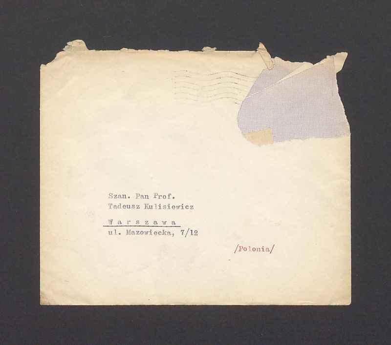 Koperta, adr. Szan. Pan Prof. Tadeusz Kulisiewicz