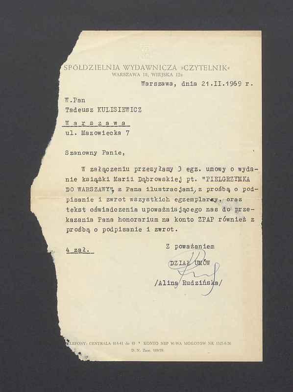 Pismo dotyczące załącznika do umowy o wydanie książki Marii Dąbrowskiej "Pielgrzymka do Warszawy"