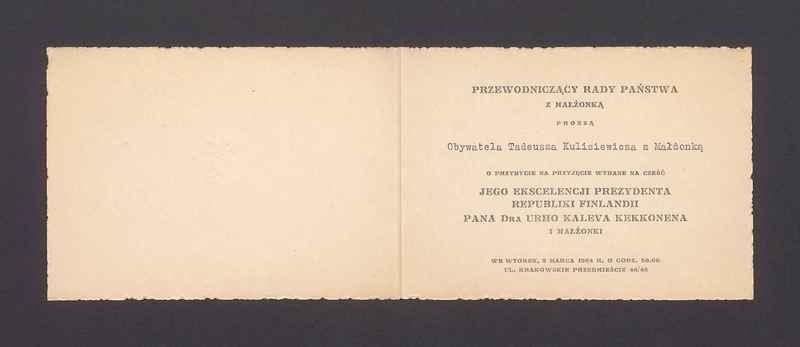 Zaproszenie na przyjęcie na cześć prezydenta Republiki Finlandii