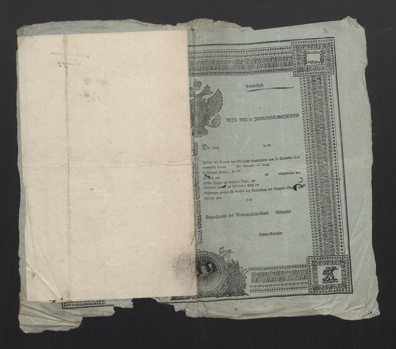 Świadectwo wyzwolenia na czeladnika Cechu Bednarskiego w Stawiszynie z trwale załączonym potwierdzeniem przyjęcia opłaty skarbowej 