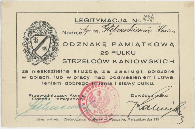 Legitymacja Odznaki Państwowej 29 Pułku Strzelców Kaniowskich nadanej Kazimierzowi Głębowskiemu 