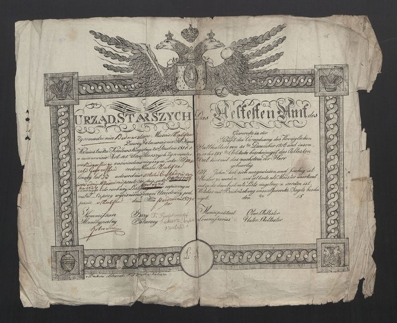 Świadectwo wyzwolenia na czeladnika Cechu Bednarskiego w Stawiszynie z trwale załączonym potwierdzeniem przyjęcia opłaty skarbowej 