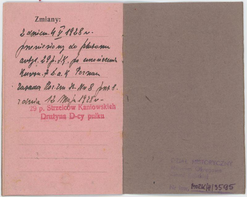 Legitymacja, Karta identyczności wystawiona przez Dowództwo 29 Pułku Strzelców Kaniowskich dla Kazimierza Głębowskiego