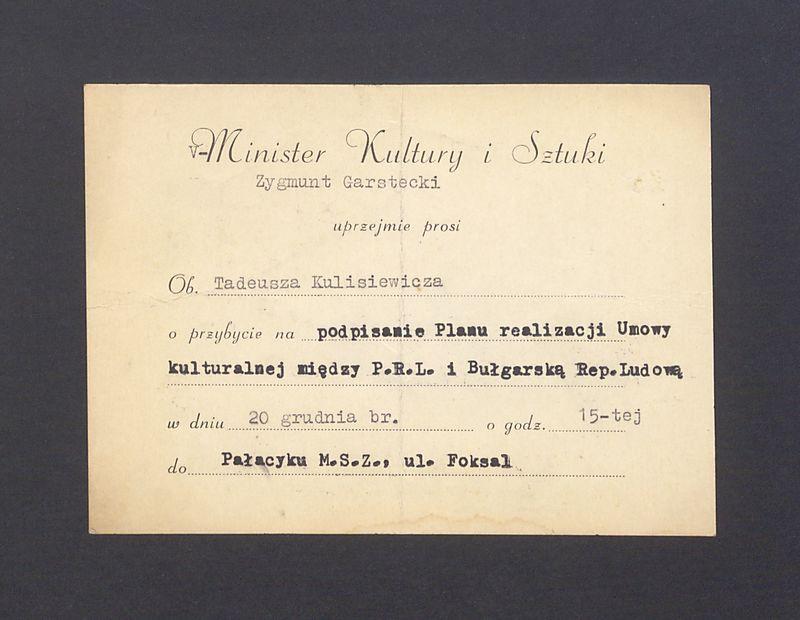 Zaproszenie na podpisanie Planu realizacji Umowy kulturalnej między P.R.L. i Bułgarską Rep. Ludową