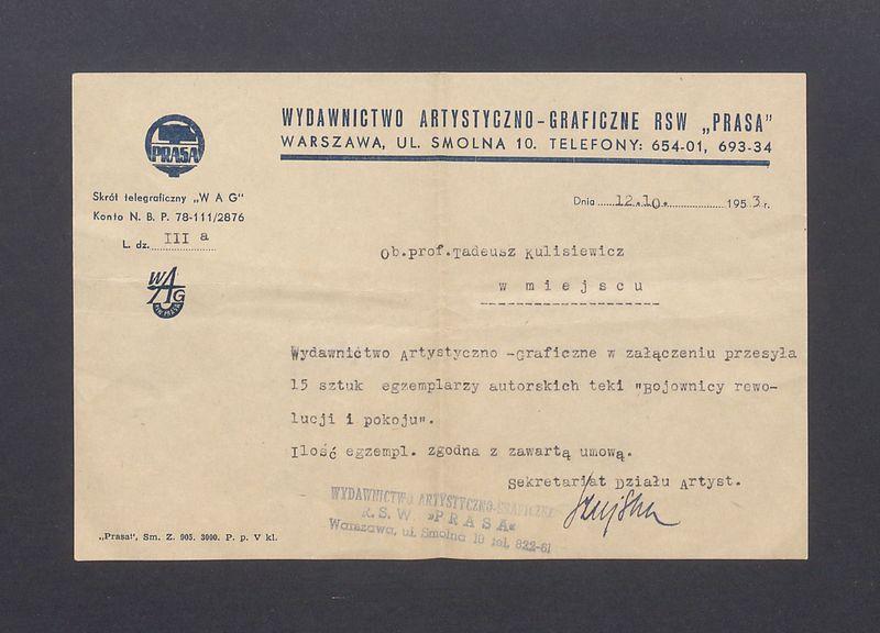 Wydawnictwo Artystyczno-Graficzne w załączeniu przesyła [...]