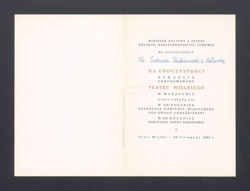 Zaproszenie na uroczystości otwarcia odbudowanego Teatru Narodowego w Warszawie; program uroczystości