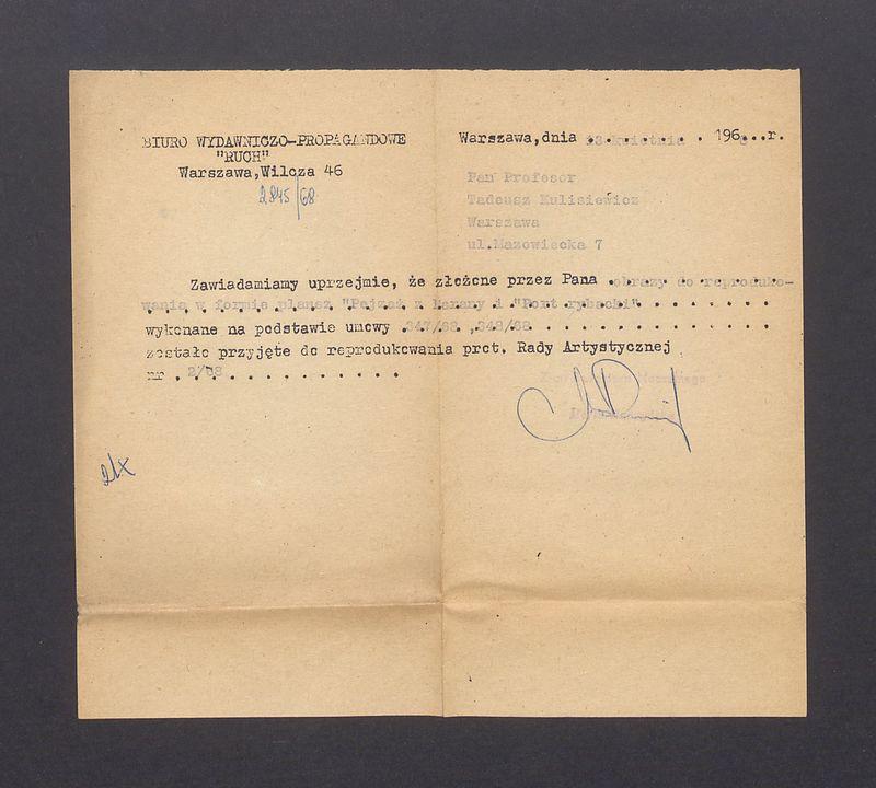 Biuro Wydawniczo-Propagandowe "Ruch": zawiadomienie o przyjęciu obrazów do reprodukowania 