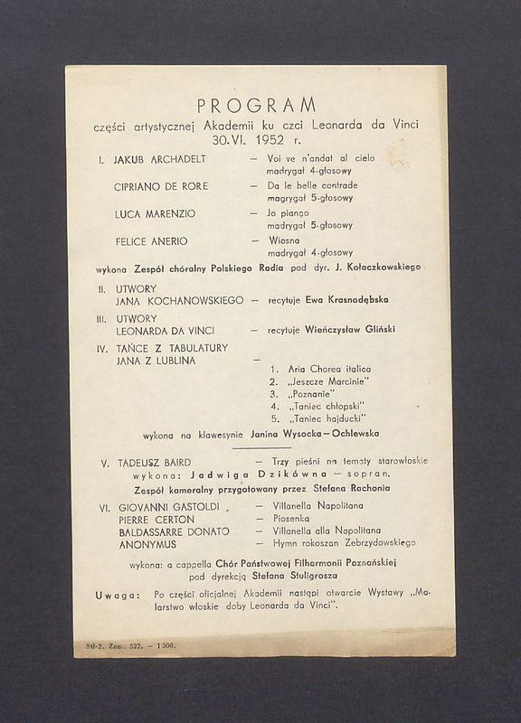 Program Akademii ku czci Leonarda da Vinci; zaproszenie na uroczysty wieczór w 500 rocznicę urodzin Leonarda da Vinci