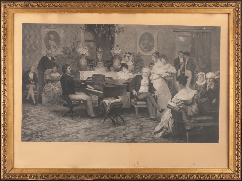 Litografia wykonana na podstawie obrazu Henryka Siemiradzkiego "Fryderyk Chopin w salonie Antoniego Radziwiłła" 