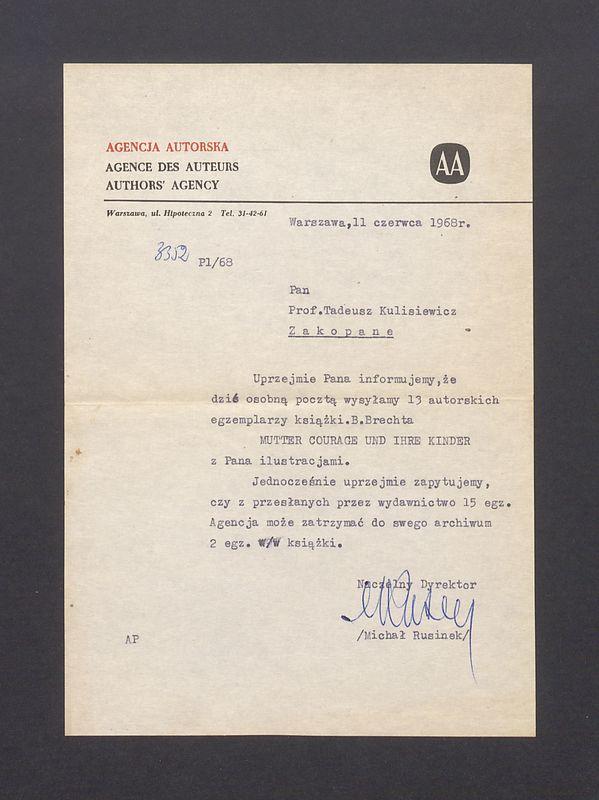 Agencja Autorska: informacja o wysyłce  książek B. Brechta z ilustracjami T. Kulisiewicza