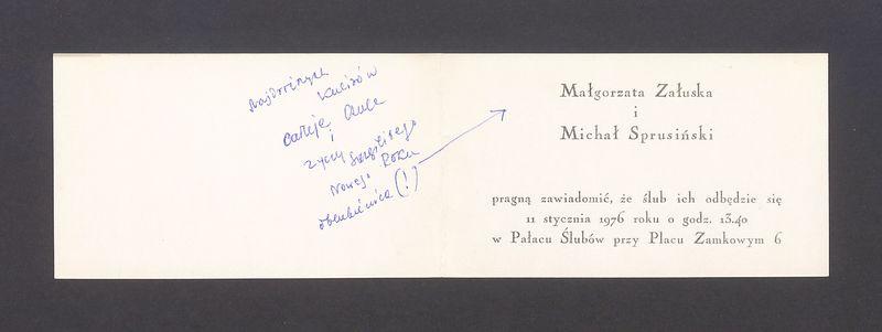 Zawiadomienie o ślubie Małgorzaty Załuskiej i Michała Sprusińskiego