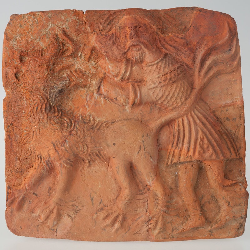 Kafel z wyobrażeniem Samsona walczącego z lwem