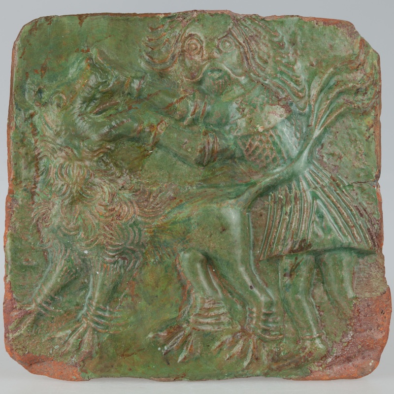 Kafel z wyobrażeniem Samsona walczącego z lwem