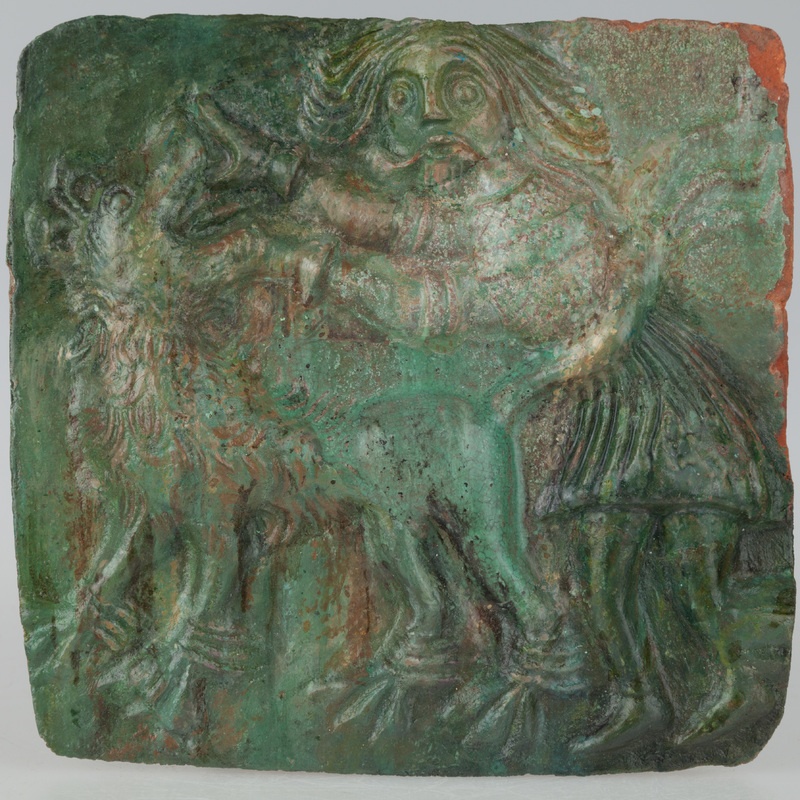 Kafel z wyobrażeniem Samsona walczącego z lwem