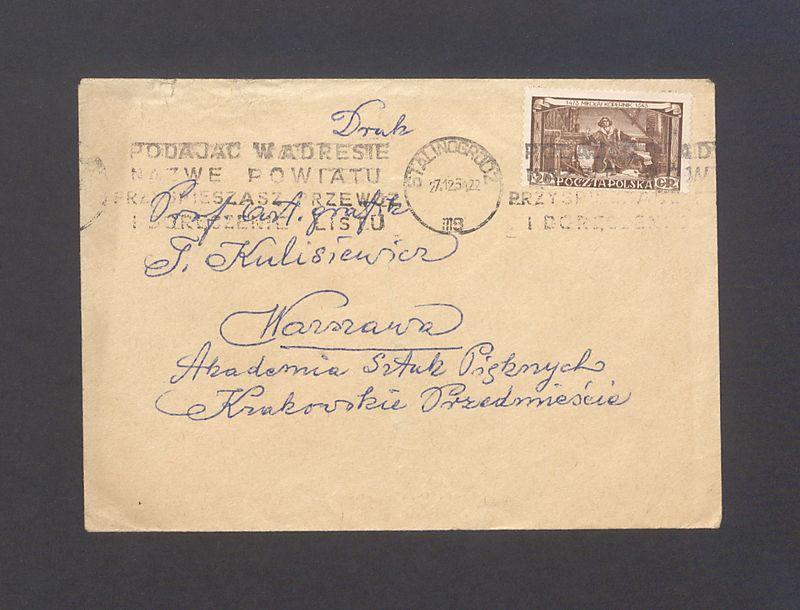 Koperta, adr. Prof. art. grafik Tadeusz Kulisiewicz