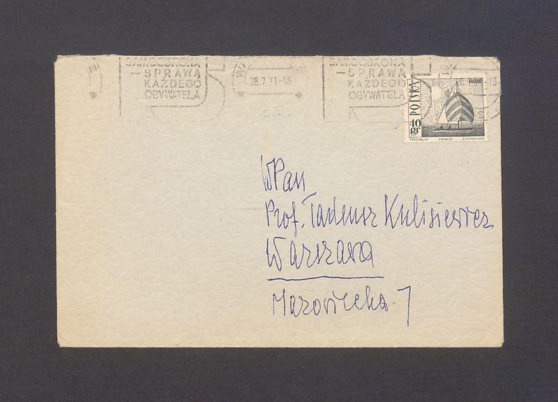 Koperta, adr. W. Pan. Prof. Tadeusz Kulisiewicz