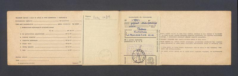 Książeczka opłat z tytułu najmu lokalu na ulicy Mazowieckiej 7 m. 12, na nazwisko Tadeusz Kulisiewicz