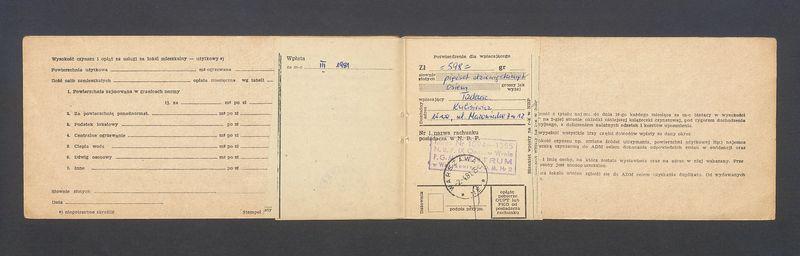 Książeczka opłat z tytułu najmu lokalu na ulicy Mazowieckiej 7 m. 12, na nazwisko Tadeusz Kulisiewicz