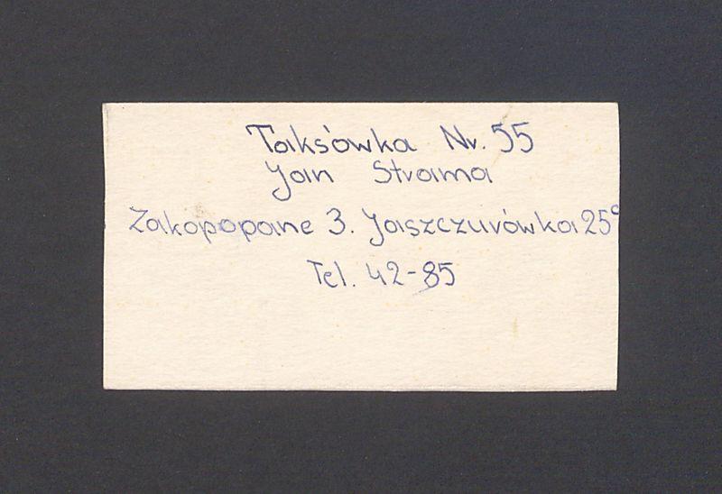 Karteczka z tekstem: "Taksówka Nr. 55"