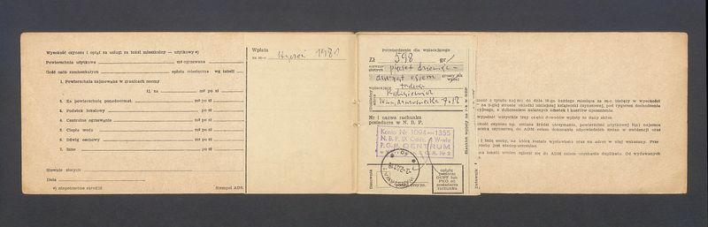 Książeczka opłat z tytułu najmu lokalu na ulicy Mazowieckiej 7 m. 12, na nazwisko Tadeusz Kulisiewicz